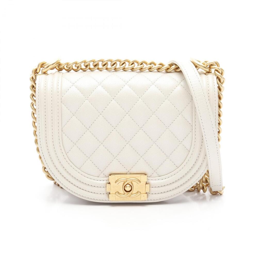 Chanel Boy Shoulder Bag Leather Grained Calfskin White